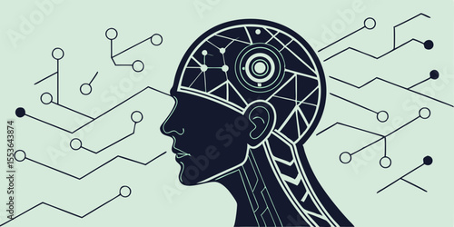 Artificial intelligence head profile represents future technology in a sophisticated design with circuit patterns and intricate geometric details.