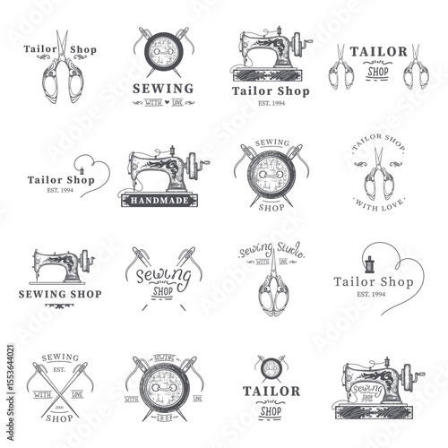 Set of tailor labels, emblems and design elements. Tailor or sewing shop. Logo template vector illustration.