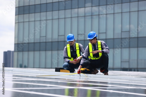 Professional engineer team check new solar roof project , green and renewable energy supply for industrial HVAC system, Heating Ventilation and Air-conditioning 