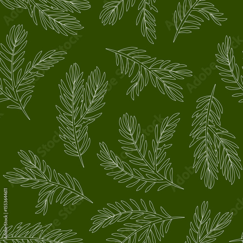 Seamless pattern of fir tree branches in lines on a green background