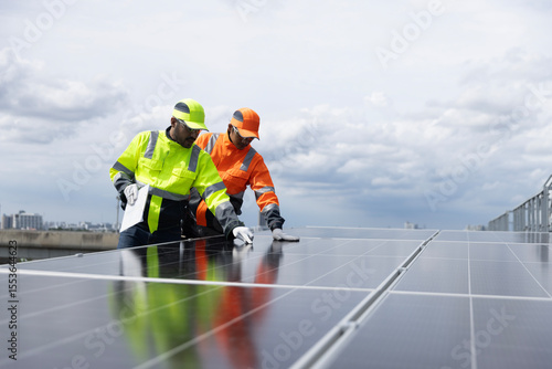 Professional Solor engineering team with green and orange safety jacket and safety hat check and service solar panel on solar roof project , green energy renewable energy