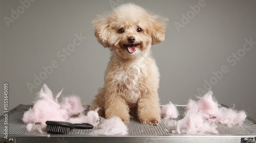 A fluffy cream-colored dog sits patiently amidst tufts of fur and a grooming brush, having just been brushed. The canine shows its tongue in a small smile.