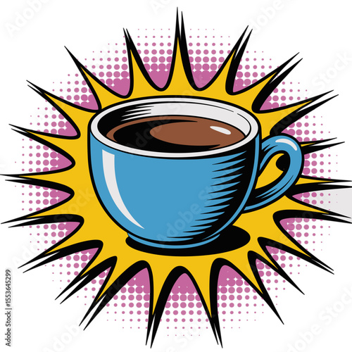 Blue coffee cup in comic pop art style with halftone burst