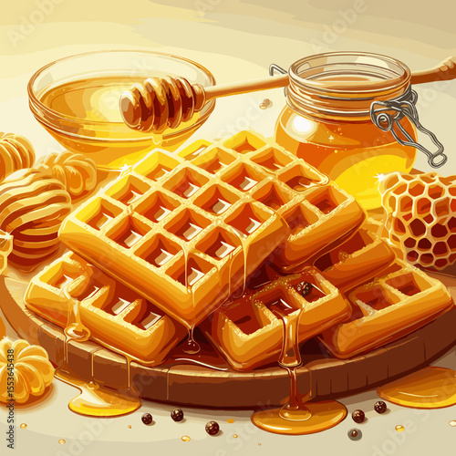 Delicious waffles drizzled with honey and surrounded by honeycomb and jars of honey
