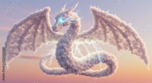 Cloud-formed dragon with glowing lightning flies through pastel skies.