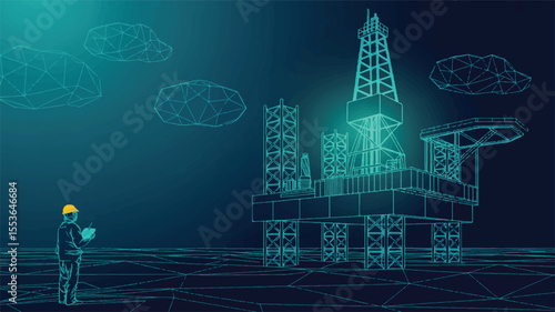 Digital Wireframe Illustration of Offshore Oil Rig and Engineer