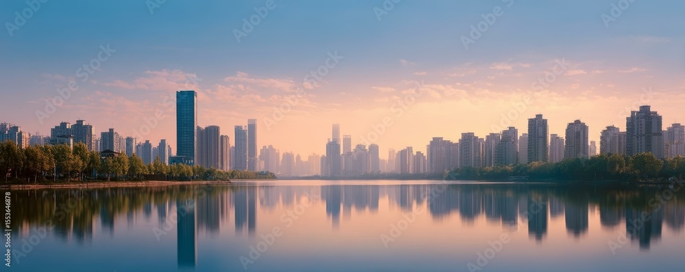 Fototapeta premium Sunrise Cityscape over Calm Water