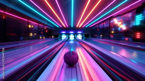 Neon illuminated bowling alley with colorful light streaks and a bowling ball on the lane, futuristic gaming footage.