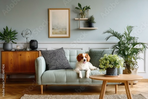 Wallpaper Mural Cozy Living Room with Dog and Plants Torontodigital.ca