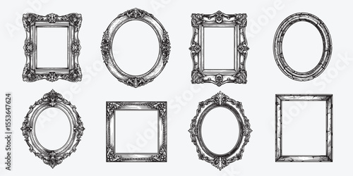 Hand drawn picture frames set. Sketch style highly detailed oval and rectangular wooden frames. Vintage retro wall decoration. Vector illustrations isolated on white background.