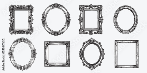 Hand drawn picture frames set. Sketch style highly detailed oval and rectangular wooden frames. Vintage retro wall decoration. Vector illustrations isolated on white background.