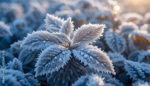 Wallpaper Mural close-up of frost-covered leaves on a cold morning, intricate ice crystals catching the sunlight, soft blue tones - Torontodigital.ca