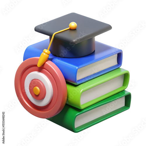 3d render of graduation cap on books with target isolated on transparent background