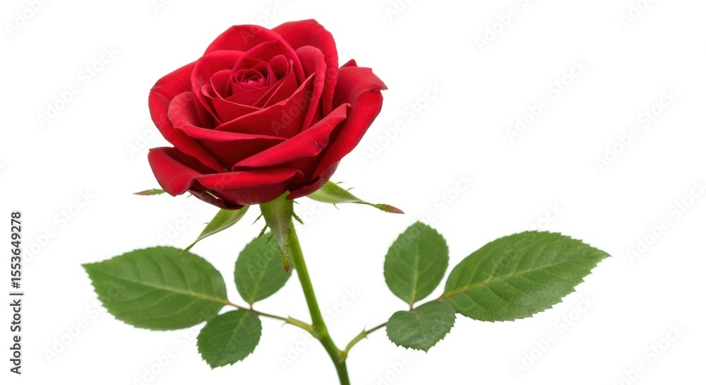 Fototapeta premium Red Rose Blossom with Green Leaves on White Background for Floral and Nature Market