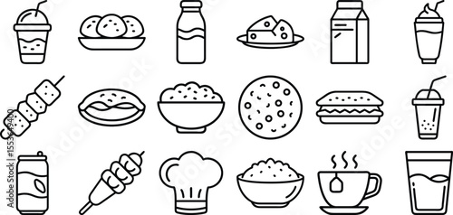 Set of 18 line icons related to food and drinks, outline icon bundle
