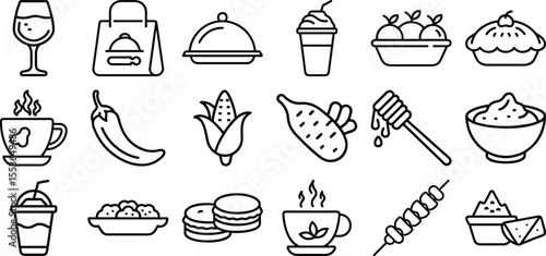 Set of 18 line icons related to food and drinks, outline icon bundle