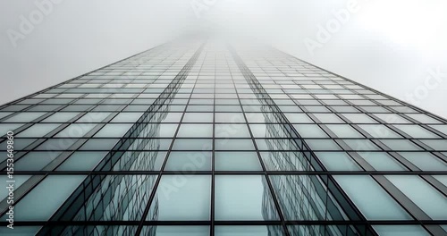 Low angle static shot: A modern glass skyscraper rises into the foggy sky, showcasing its sleek design.