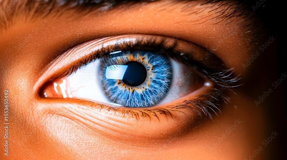 Obraz premium Close-up blue eye, person looking, dark background, medical/advertising