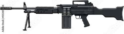 M240 Machine Gun Side View – Realistic Bipod-Mounted Military Weapon Illustration in Matte Black on White Background
