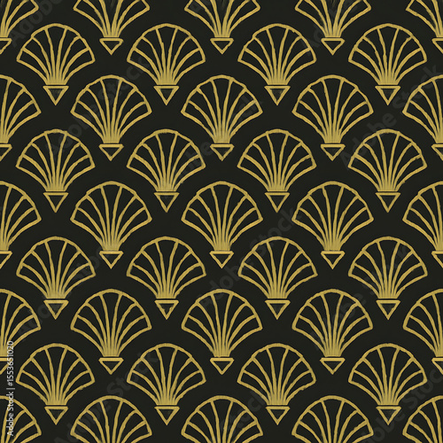 Repeating pattern of stylized golden fan shapes against a dark background, creating an Art Deco aesthetic.