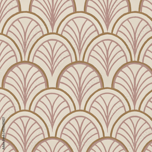 Repeating pattern of stylized fan-like shapes with curved lines in beige and pink hues.