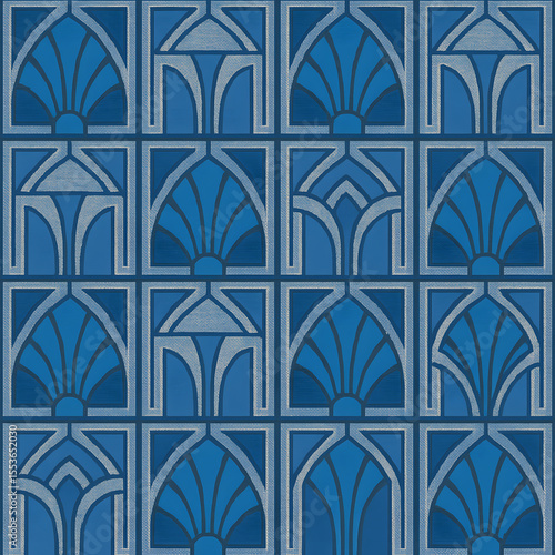 Geometric, stylized blue and gray repeating pattern, reminiscent of Art Deco.
