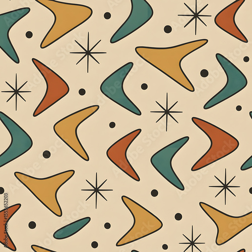 Retro boomerang-shaped pattern with geometric shapes and vintage style.