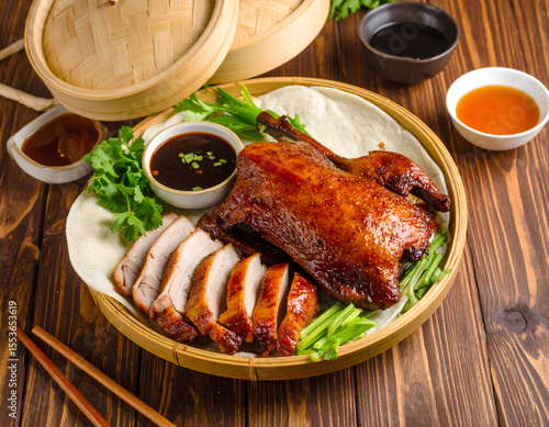 Exquisite Peking Duck Platter: A culinary masterpiece, showcasing a beautifully roasted Peking duck, expertly sliced and arranged on a bamboo tray with fresh ingredients.