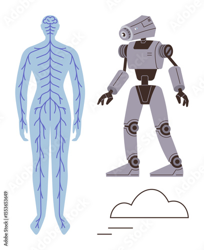 Nervous system outline paired with a humanoid robot. Ideal for innovation, artificial intelligence, robotics, biology, neuroscience, human enhancement, and technology comparison. Simple flat metaphor