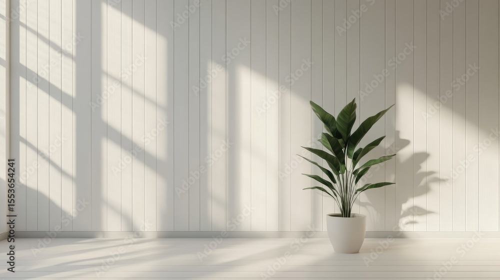 Bright, airy room with plant in pot, natural light. White wall, wooden paneling. Modern minimalist interior design. Shadow from plant on wall. Empty room concept. Perfect for architectural, interior Bright, airy room with plant in pot, natural light. White wall, wooden paneling. Modern minimalist interior design. Shadow from plant on wall. Empty room concept. Perfect for architectural, interior