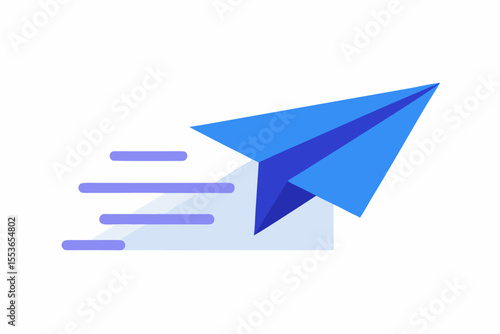Blue paper airplane in flight with motion lines on a white background