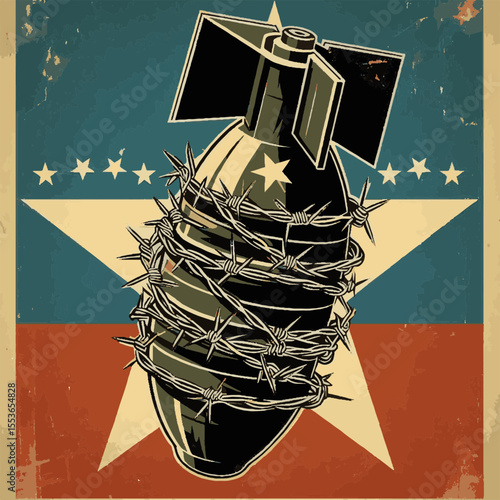 Bomb Restrained by Barbed Wire on Patriotic Background