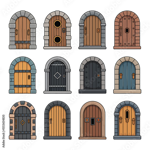 Collection of twelve arched medieval fantasy doors with stone and wood designs