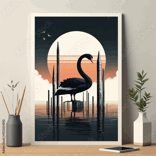 Surreal Black Swan Amid Missile Landscape at Sunset
