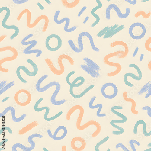 Abstract seamless pattern with pastel colored lines, circles, and squiggles on a light background.