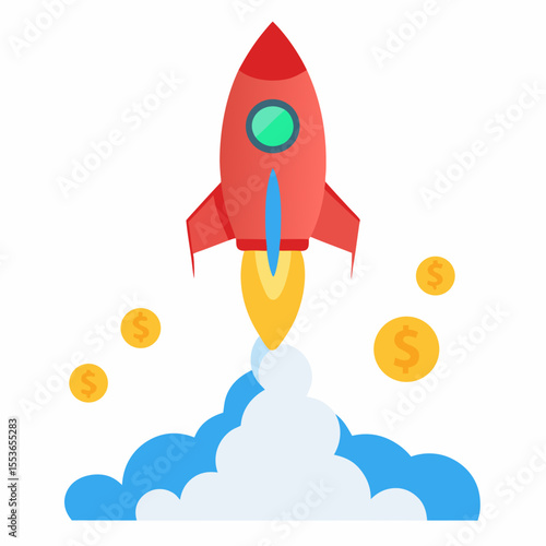 Red rocket launching with money coins and blue smoke