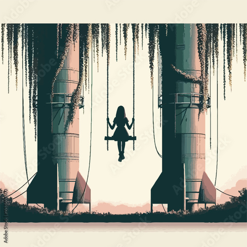 Young Girl Swinging Between Overgrown Post-Apocalyptic Missiles with Hopeful Serenity