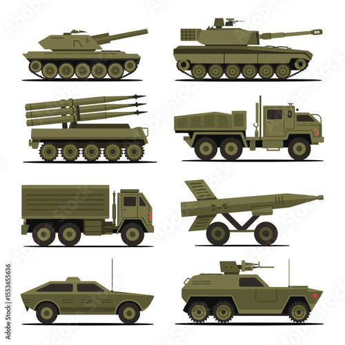 Collection of military vehicles including tanks missile launchers trucks and aircraft