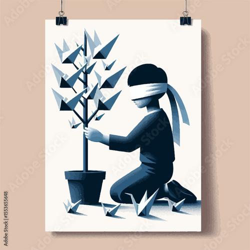 Blindfolded Child Nurturing Origami Crane Peace Tree in Monochromatic Blue