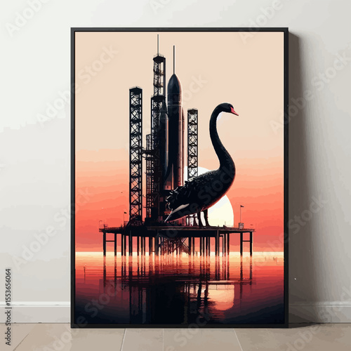 Black Swan on Rocket Launchpad at Sunset with Serene Atmosphere