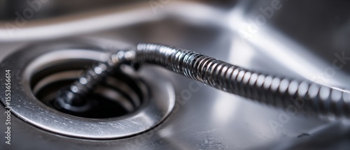 Closeup of a plumbers snake tool in a stainless steel kitchen sink drain, unclogging a drain Concept of plumbing, maintenance, and home repair