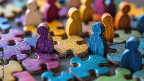 Colorful wooden figures represent diverse people connecting on jigsaw pieces. Teamwork, diversity concept visualizes HR strategies for inclusive workplace cultures. Different colored figures connect
