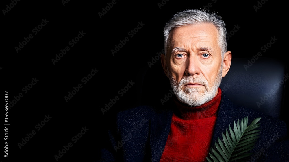 Obraz premium Serious senior man portrait, dark background, plant, office