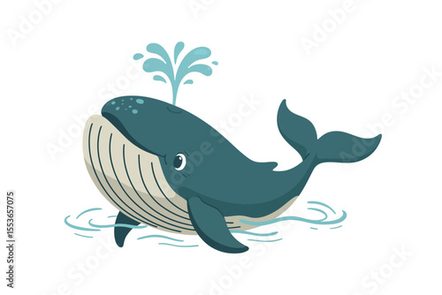 Cute cartoon whale spouting water in the ocean waves