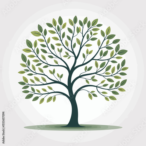 Stylized green tree with dark trunk and branches against a soft background