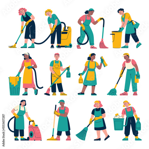 Diverse group of people performing various cleaning tasks with mops and supplies