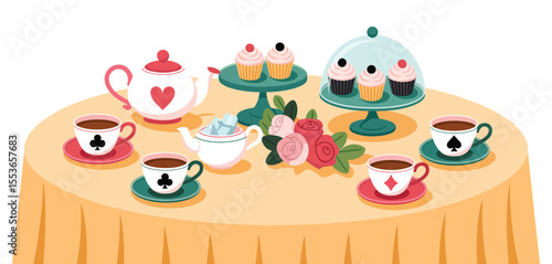 Whimsical alice in wonderland tea party with cupcakes teacups and roses