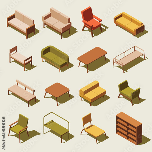 Collection of isometric furniture pieces including sofas chairs tables and shelves