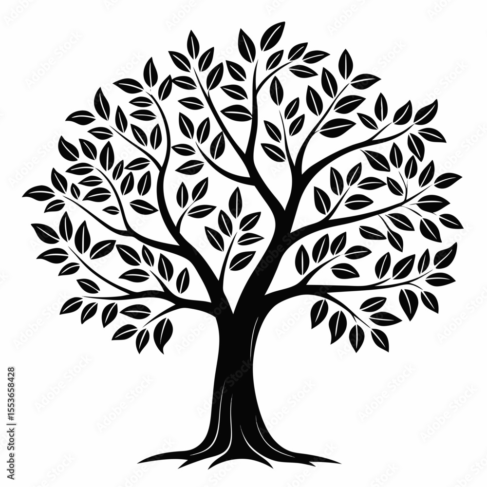 Obraz premium Silhouette of a lush tree with dense foliage and intricate branches isolated on white