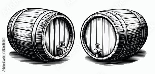 Two vintage wooden barrels with spigots in a black and white engraving style